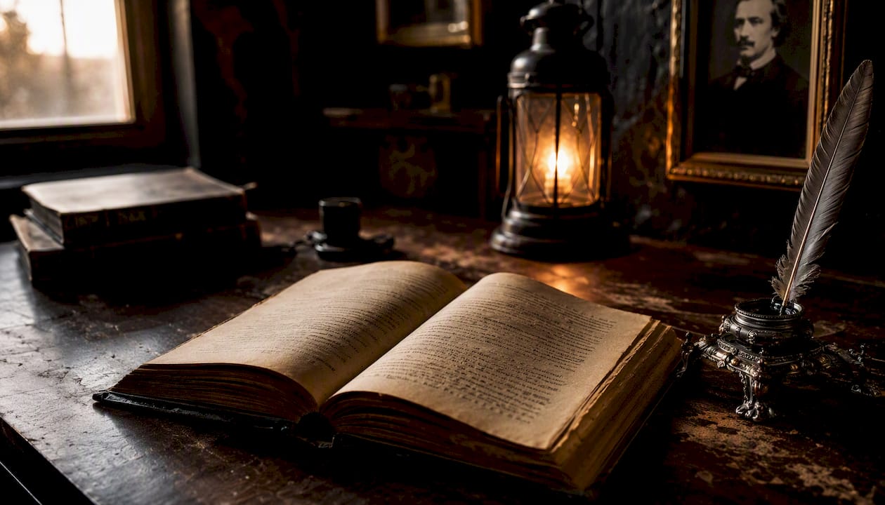 Classic gothic horror book open on antique desk with lantern