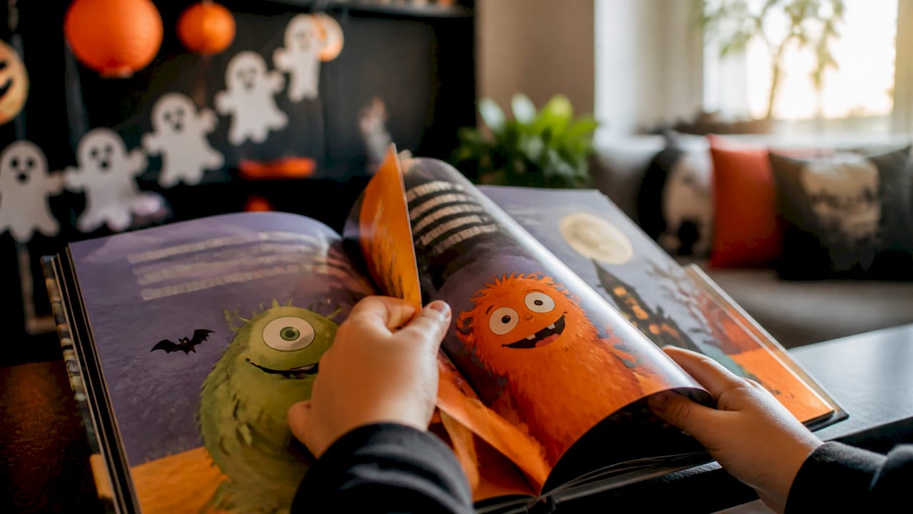 Toddler’s hands turning pages of a Halloween picture book