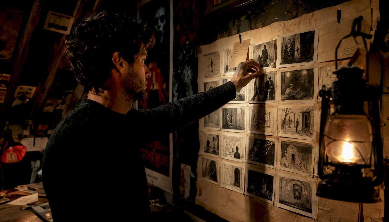 Hand placing storyboard frame in screenplay studio