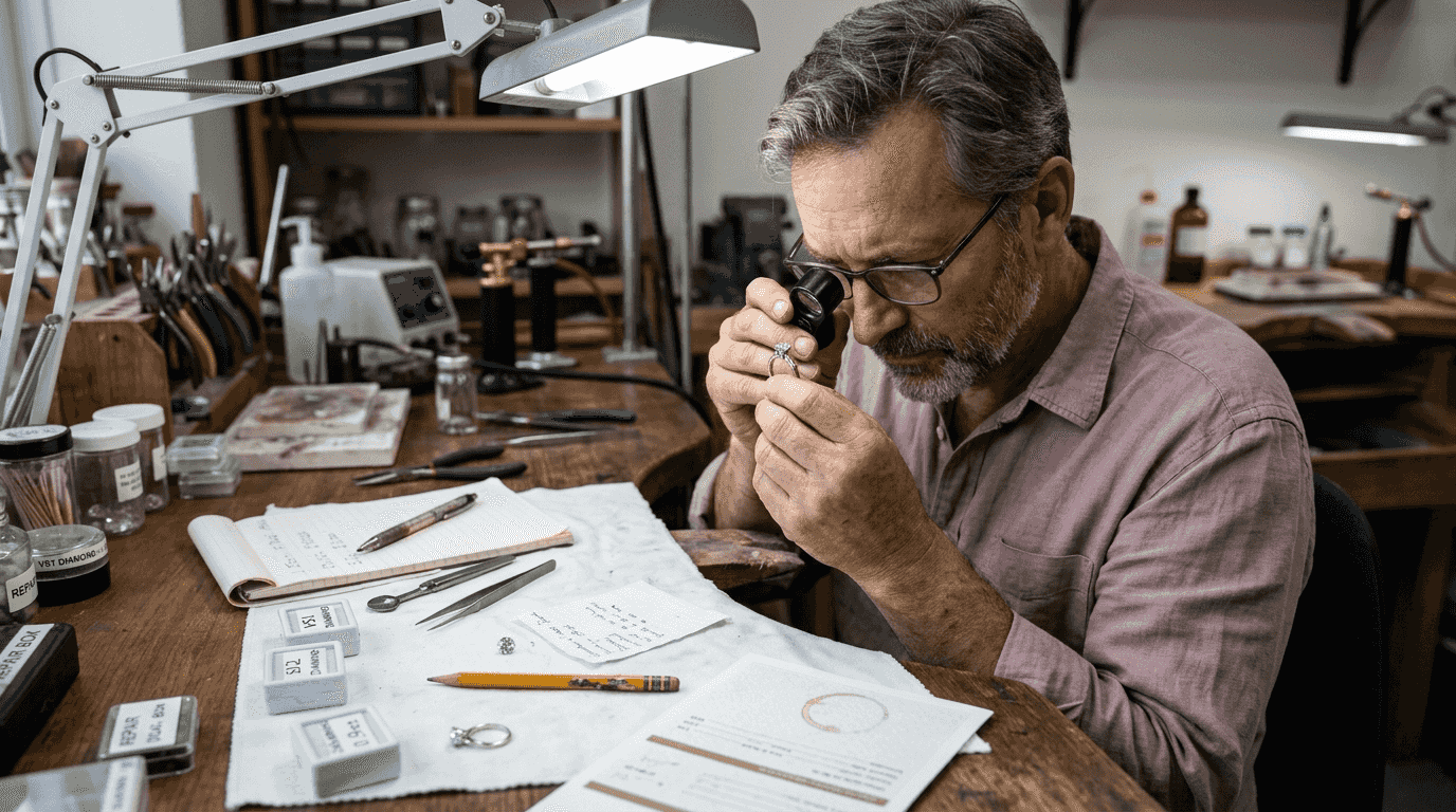 Jeweler grading engagement ring at workbench