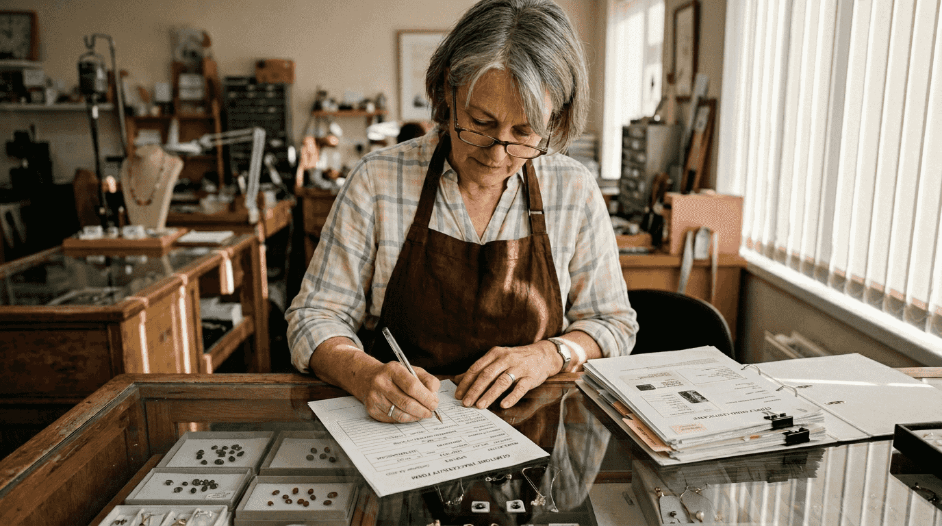 Jeweler filling out gemstone traceability form