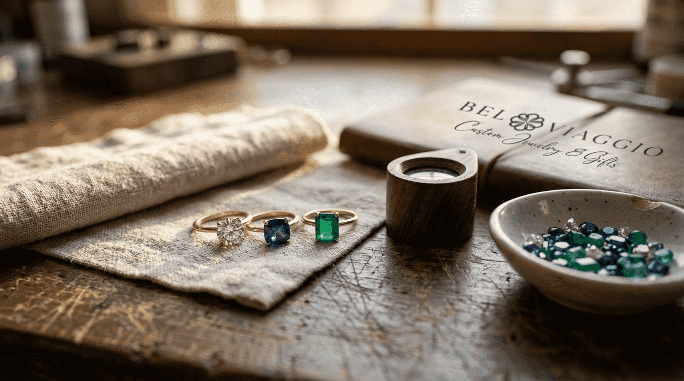 Moissanite, sapphire, emerald engagement rings close-up