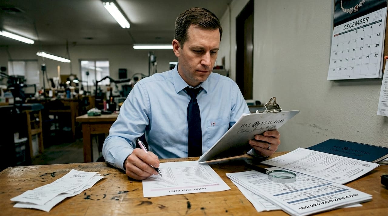 Auditor reviewing jewelry certification paperwork