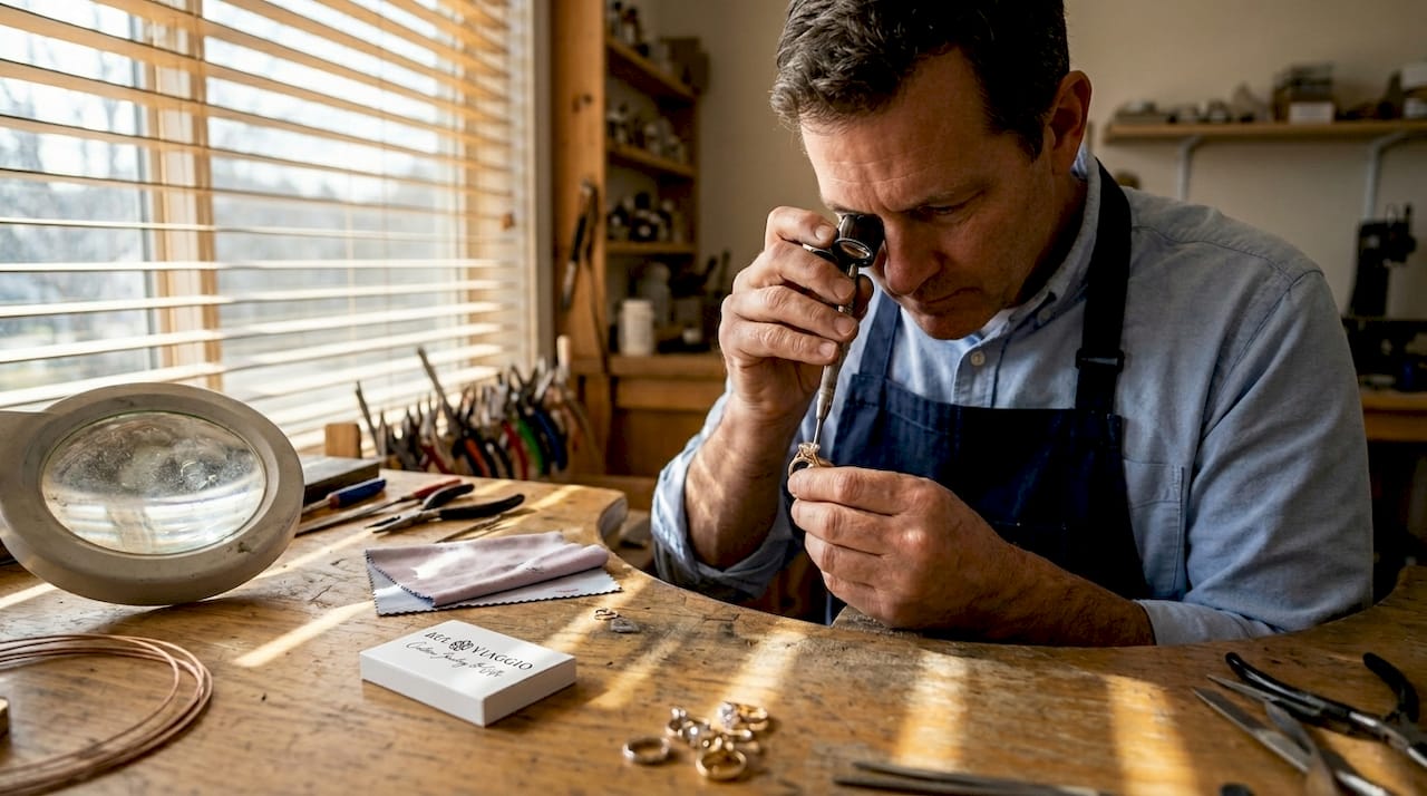 Craftsperson setting moissanite stone into ring