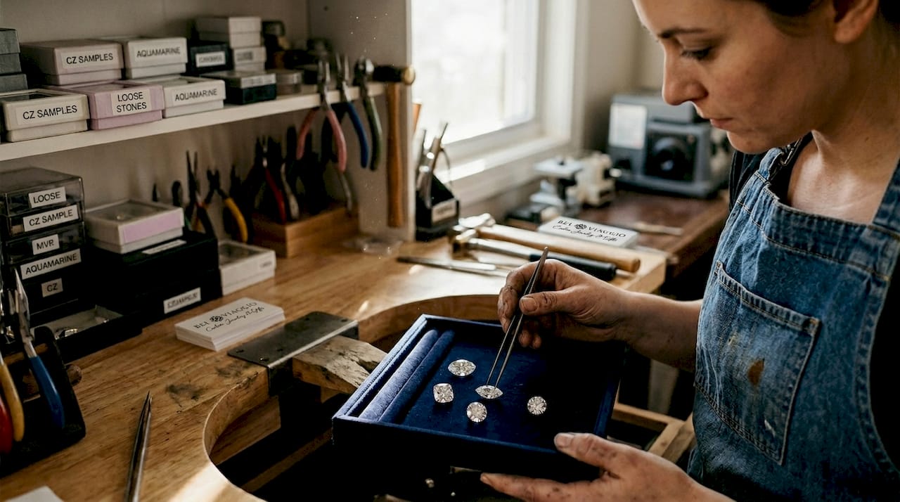 Jewelry designer arranging diamond shape samples