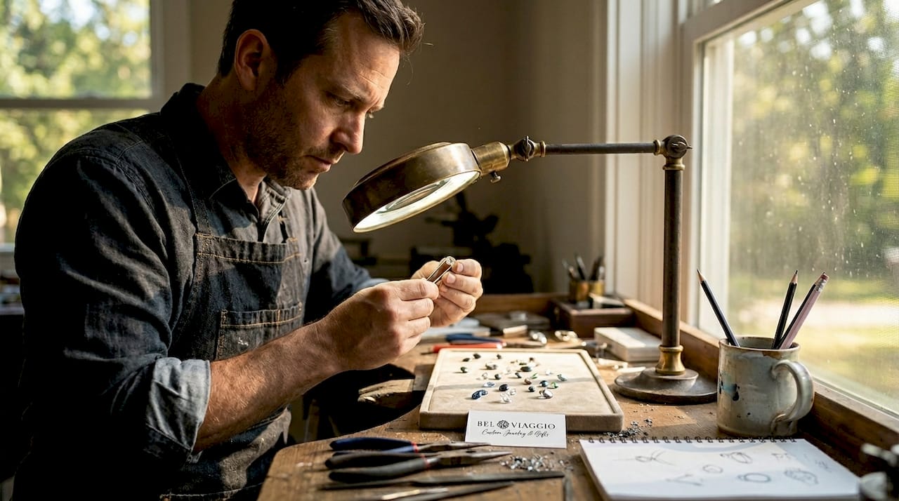 Jeweler examines moissanite stone at studio workbench