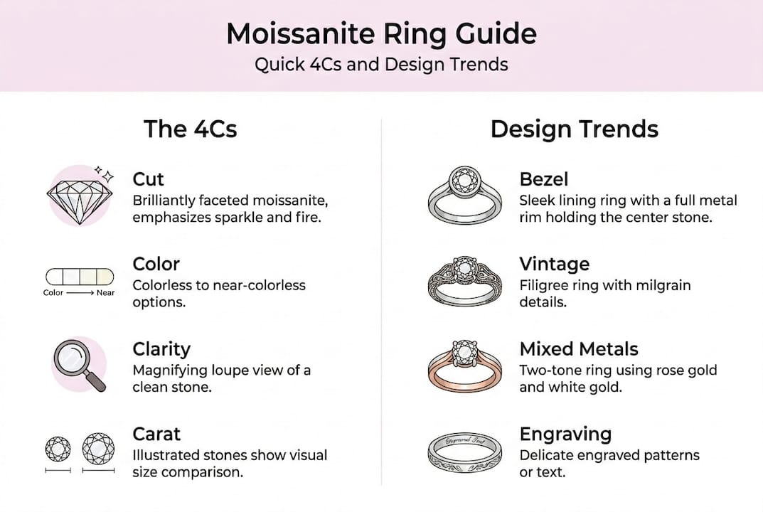 Infographic of moissanite ring 4Cs and trends