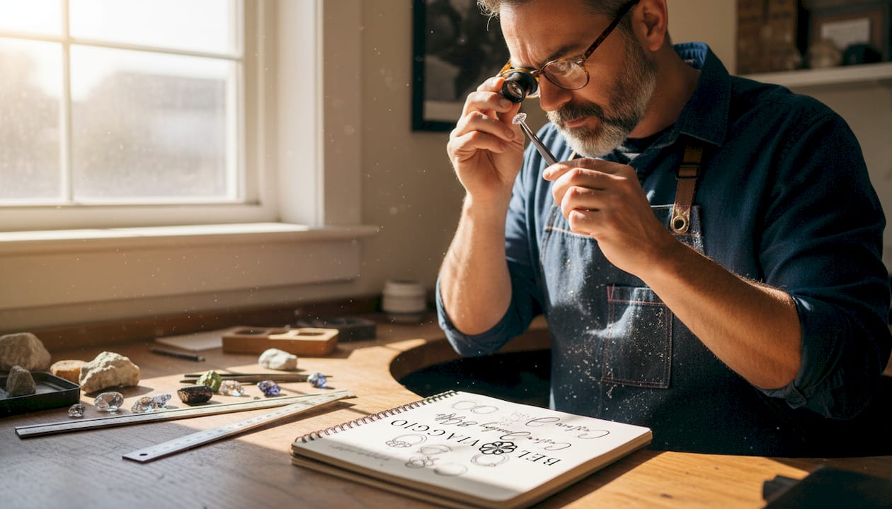 Jeweler inspecting moissanite cut at workbench