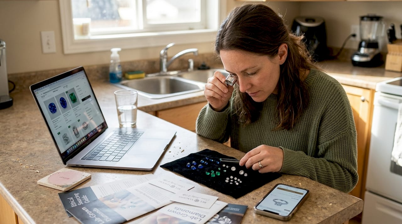 Woman examines ethical gemstones with laptop open