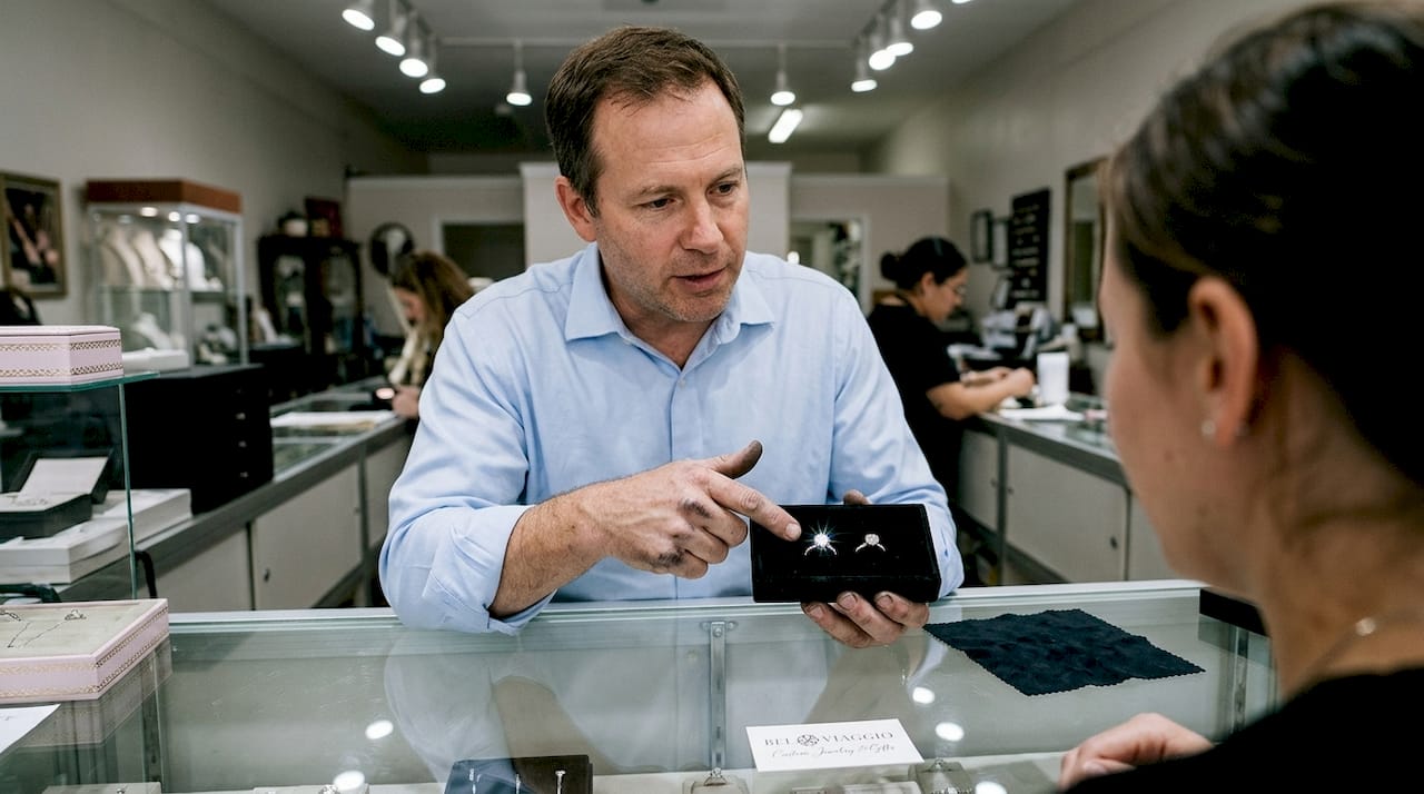 Jeweler comparing moissanite and diamond rings