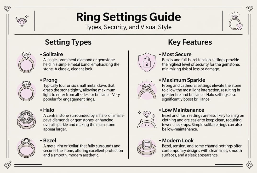 Infographic displays ring setting types and features