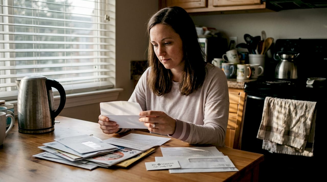 Woman with solitaire ring sorting kitchen mail