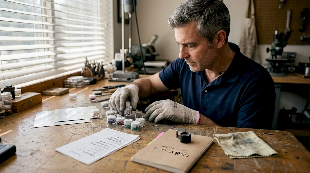 Jeweler selecting labeled ethical gemstones