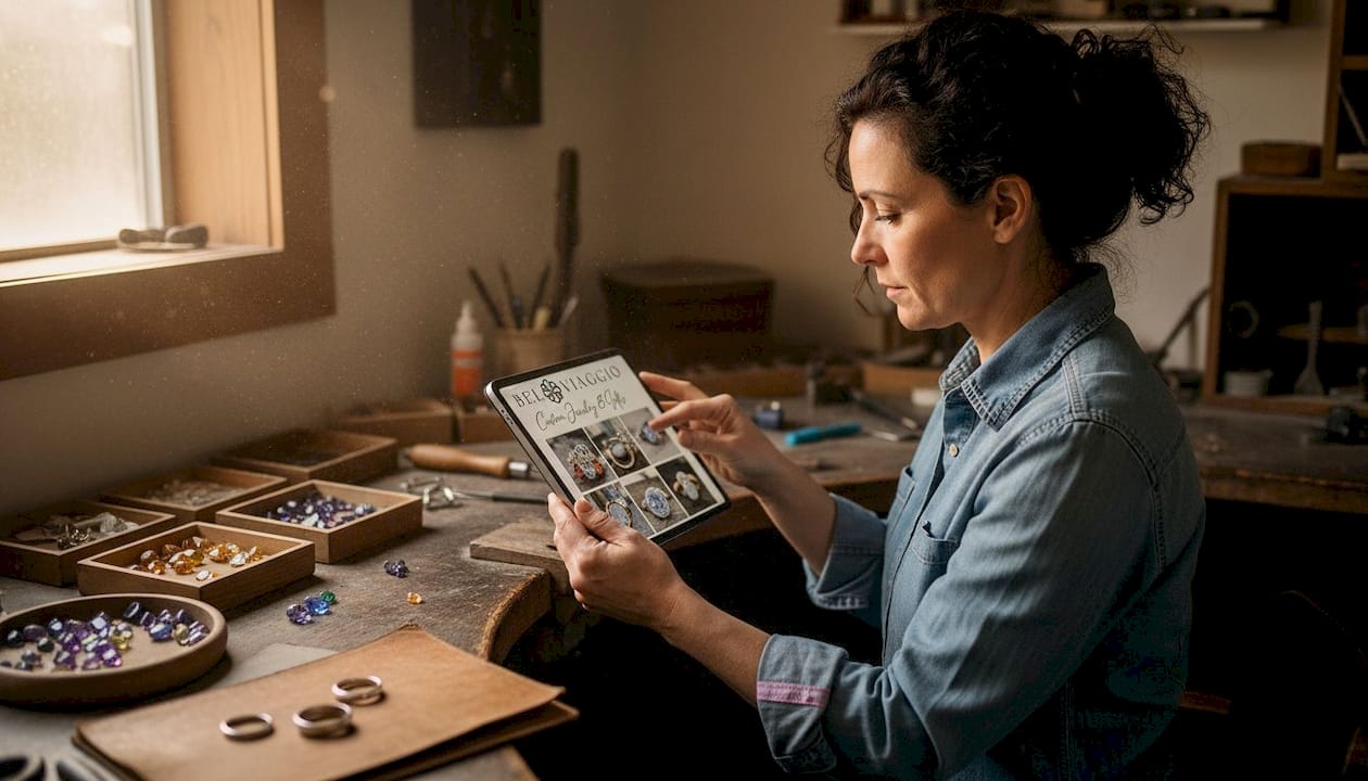 Jeweler reviewing custom ring designs in workshop