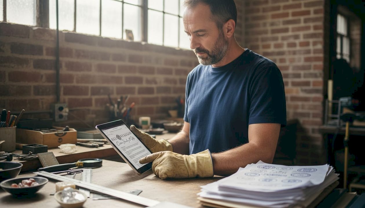 Artisan checking gemstone traceability papers