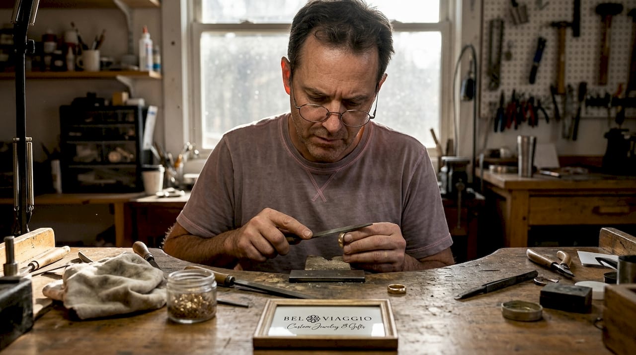 Artisan working on ring at jeweler’s bench