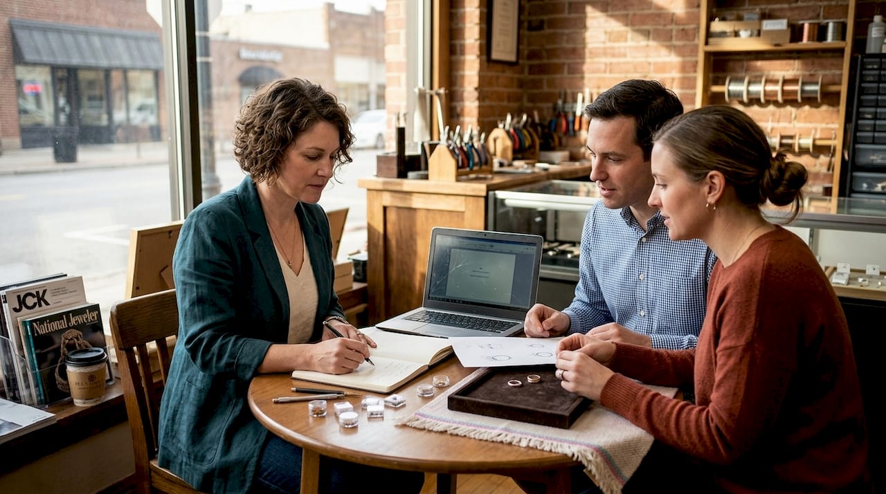 Jeweler meeting couple in design studio