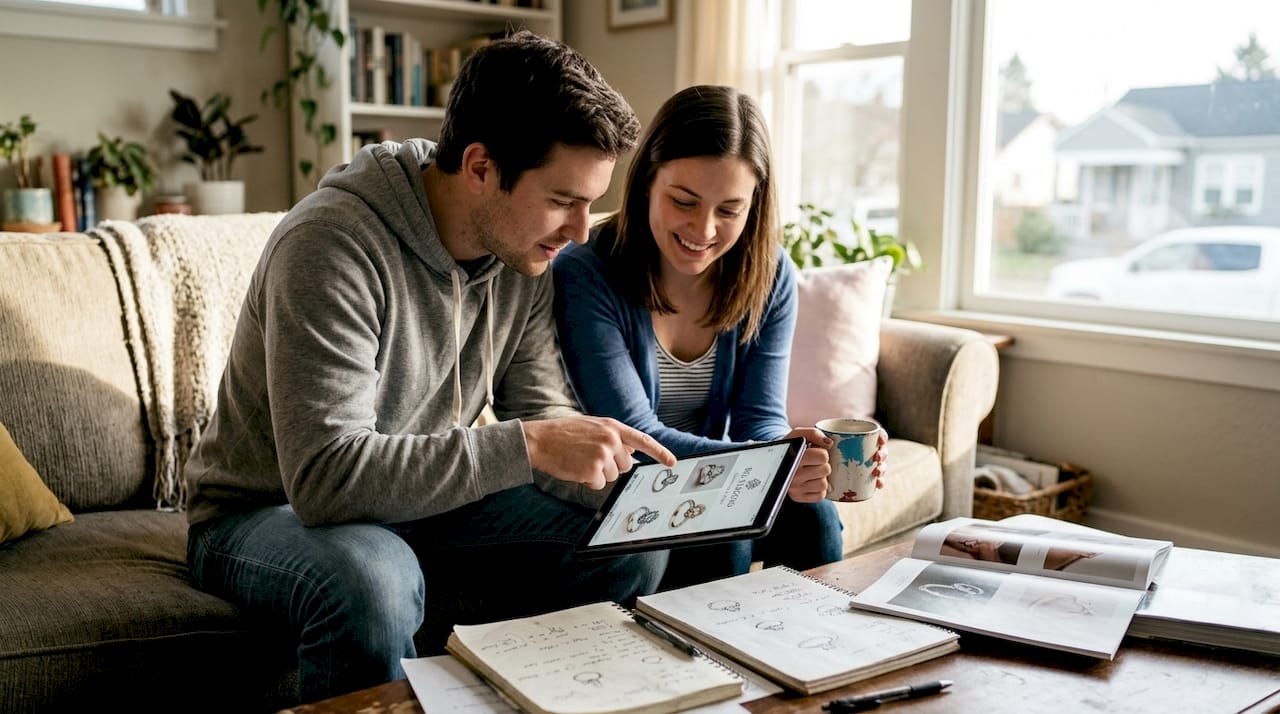 Couple choosing custom engagement ring details