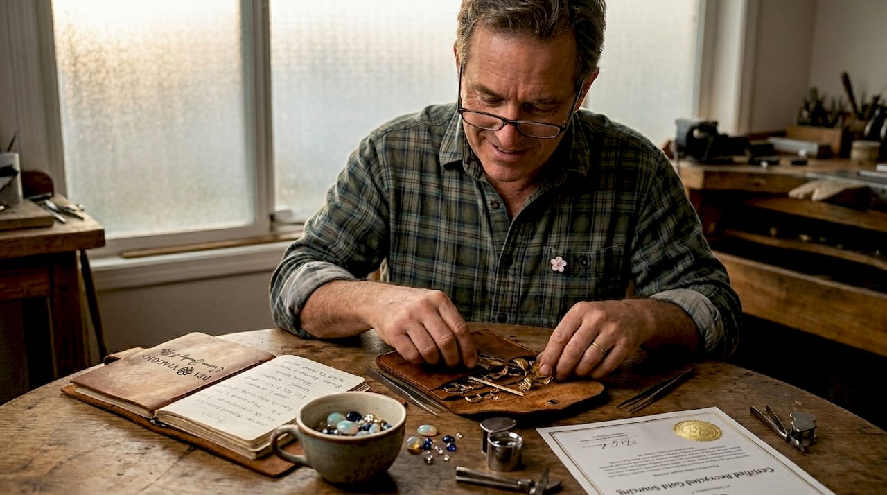 Artisan sorting recycled gold and gemstones