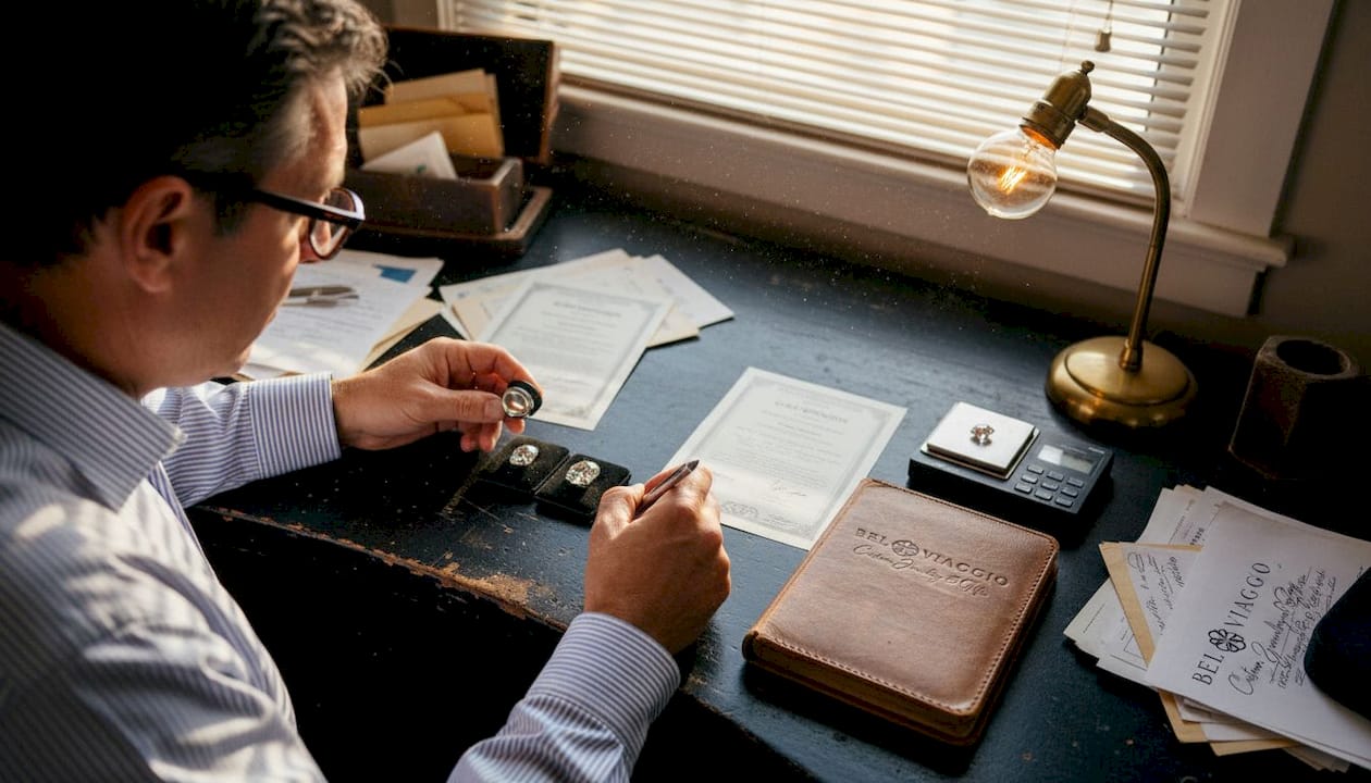 Appraiser checks diamond value with paperwork