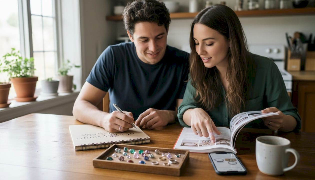 Couple choosing sustainable wedding rings