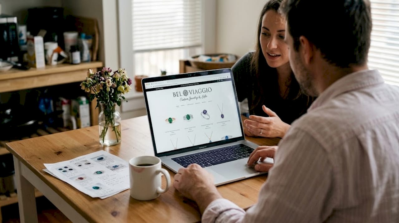 Couple reviewing gemstone jewelry choice at kitchen table