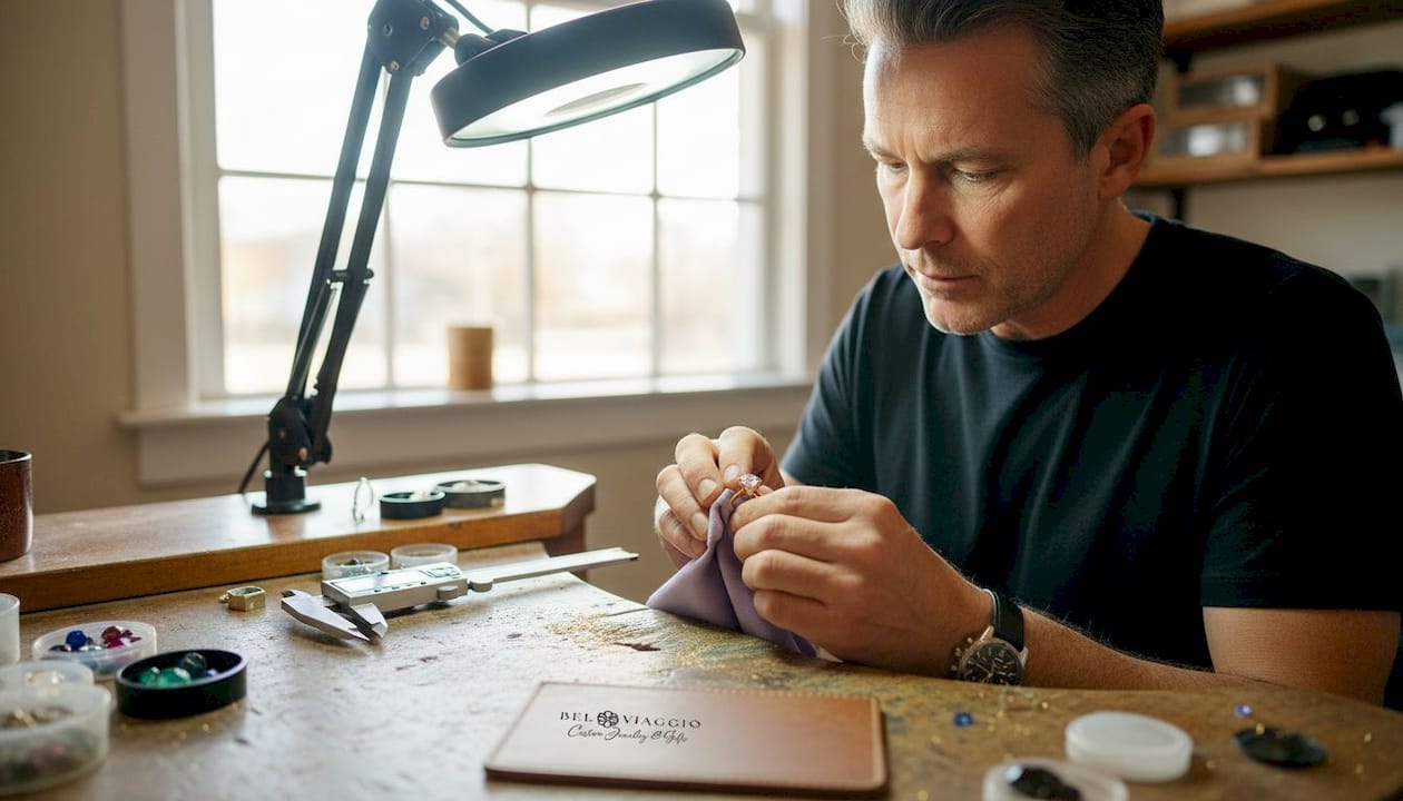 Jeweler polishing ring in bright studio