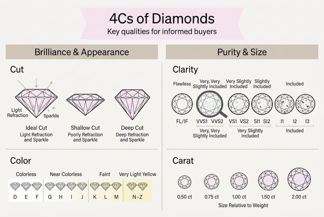 Infographic summarizing diamond 4Cs qualities