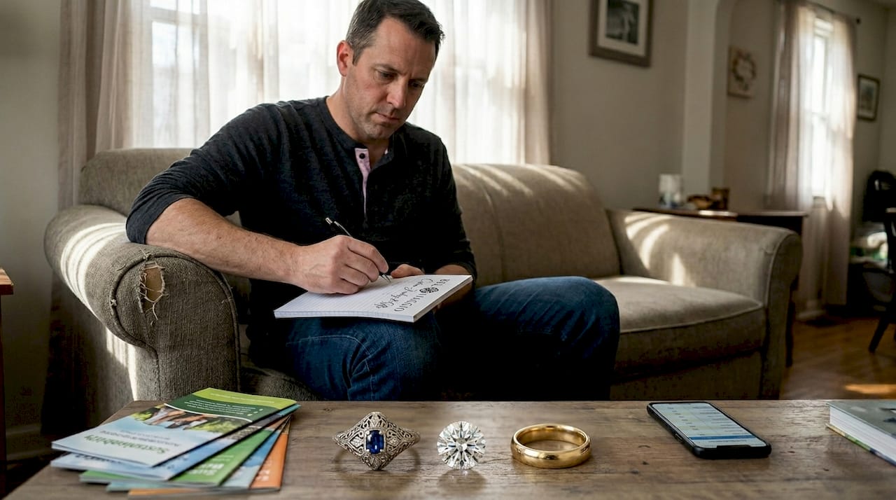Man comparing sustainability of jewelry items