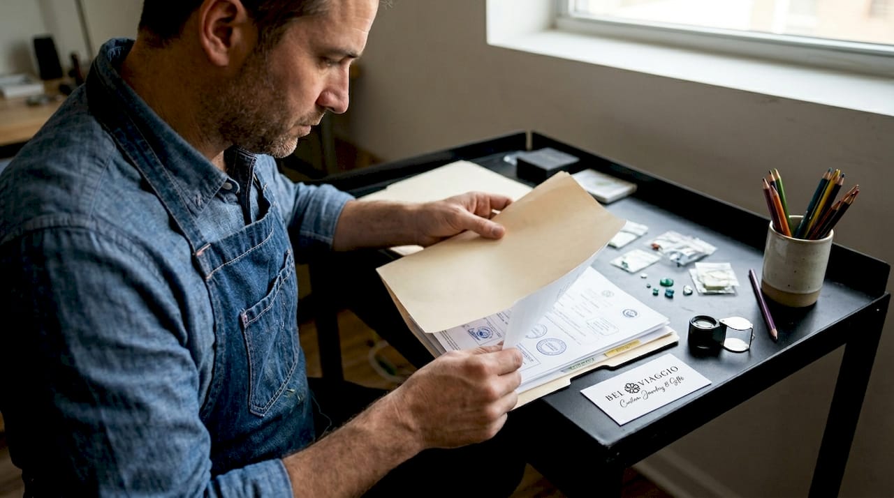 Jewelry designer examining sourcing certificates