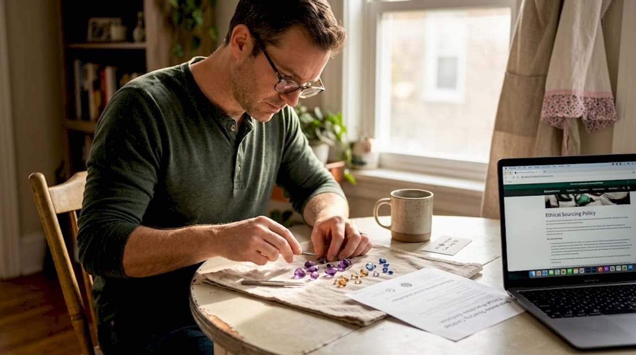 Man selecting ethical gemstones at kitchen table