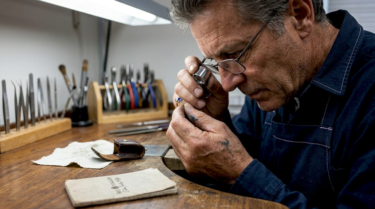 Jeweler inspecting sapphire ring at workbench