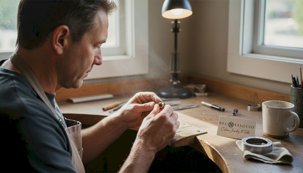Jeweler hand-crafting ring at cluttered workbench