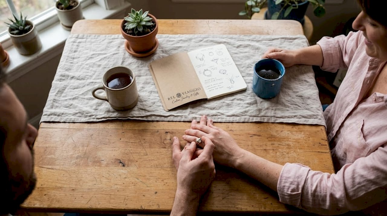 Couple admiring sustainable wedding rings at home