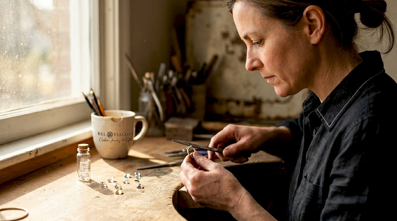 Hands shaping gold ring in jewelry studio
