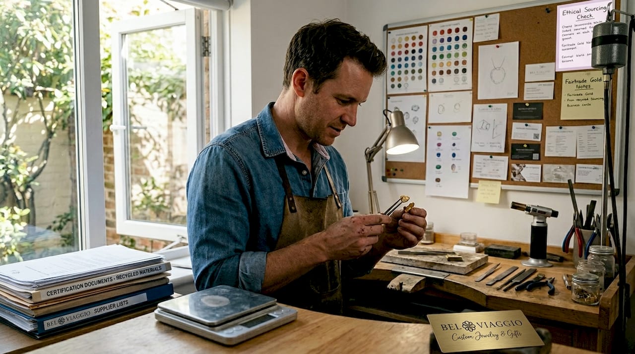 Jeweler inspecting recycled gold materials