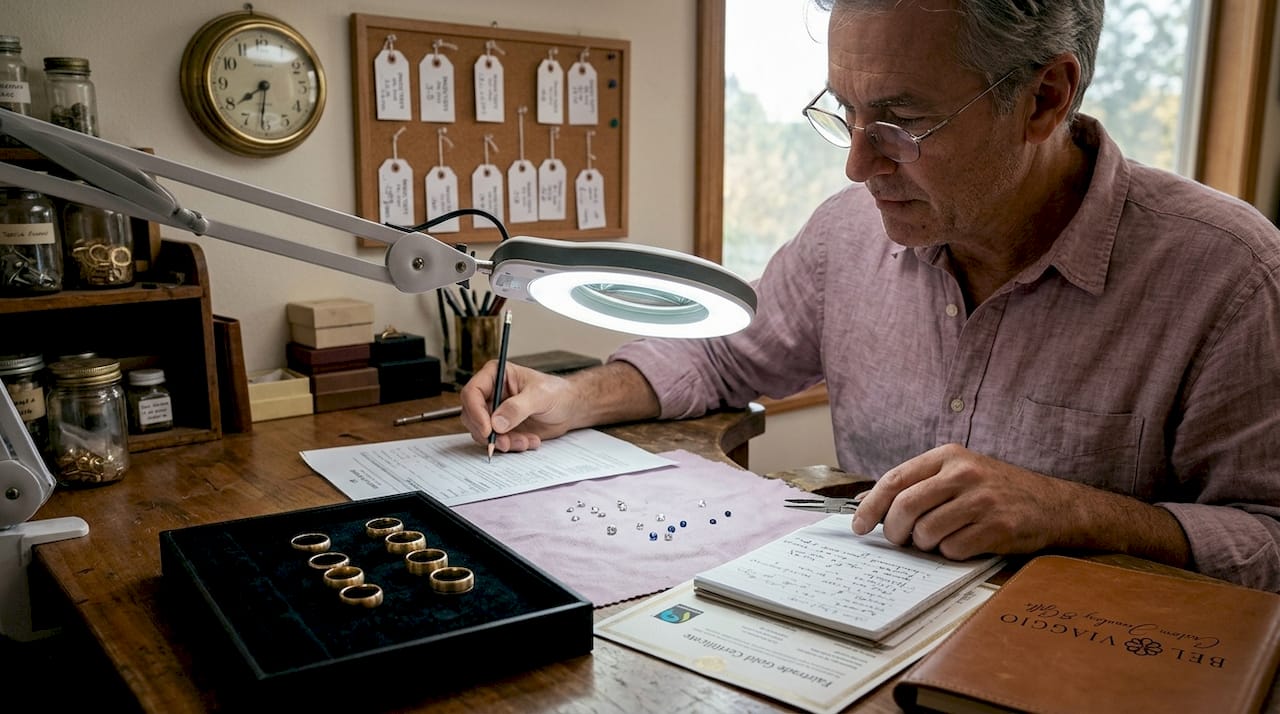 Jeweler reviews certificate at workshop bench