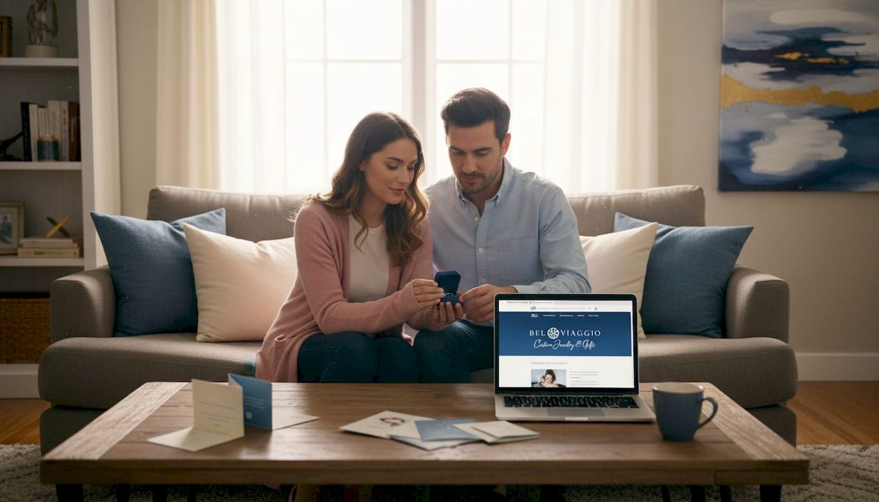 Couple looking at jewelry website and ring box