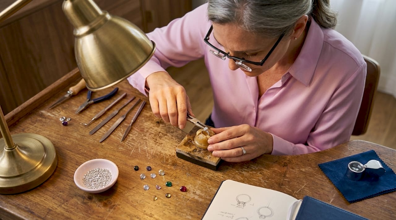 Jeweler adjusting solitaire ring at workbench