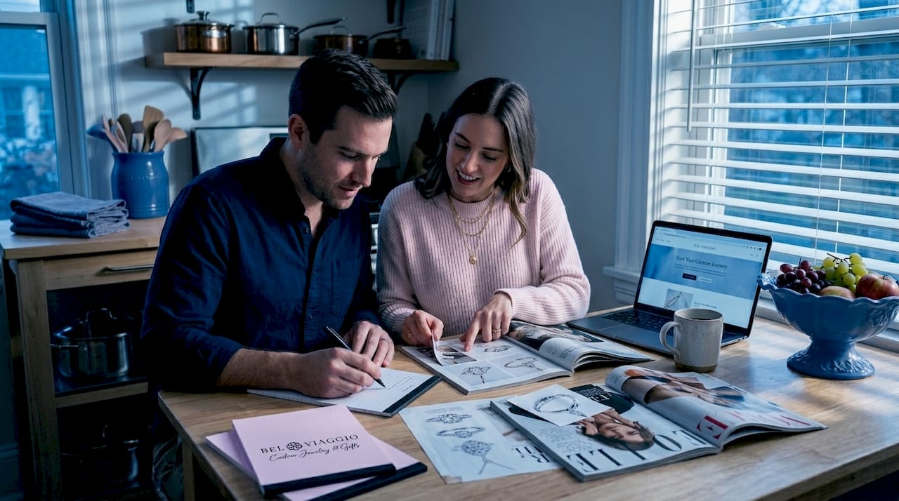 Couple planning jewelry at kitchen table