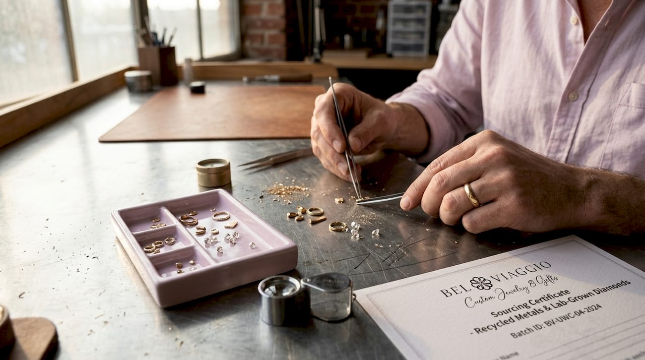 Hands sorting ethical jewelry materials on workbench