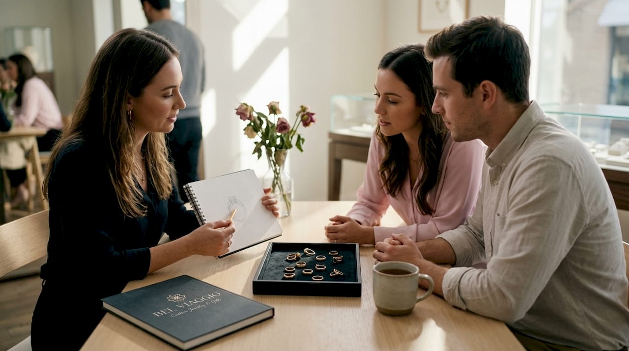 Couple and jeweler review custom ring sketches