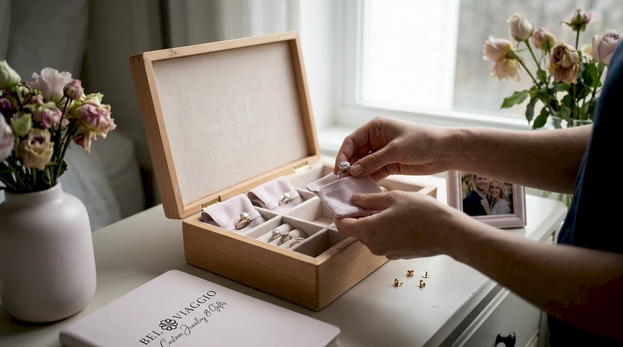 Hands storing rings in soft velvet pouches
