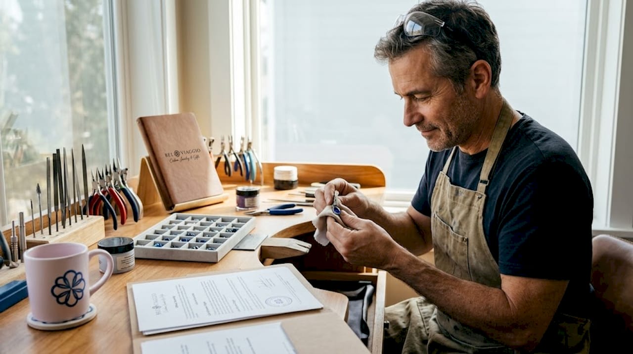 Artisan polishing lab-made sapphire pendant