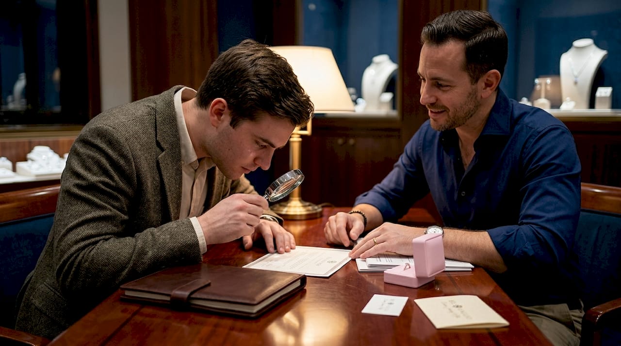 Customer reviewing jewelry certificate with jeweler