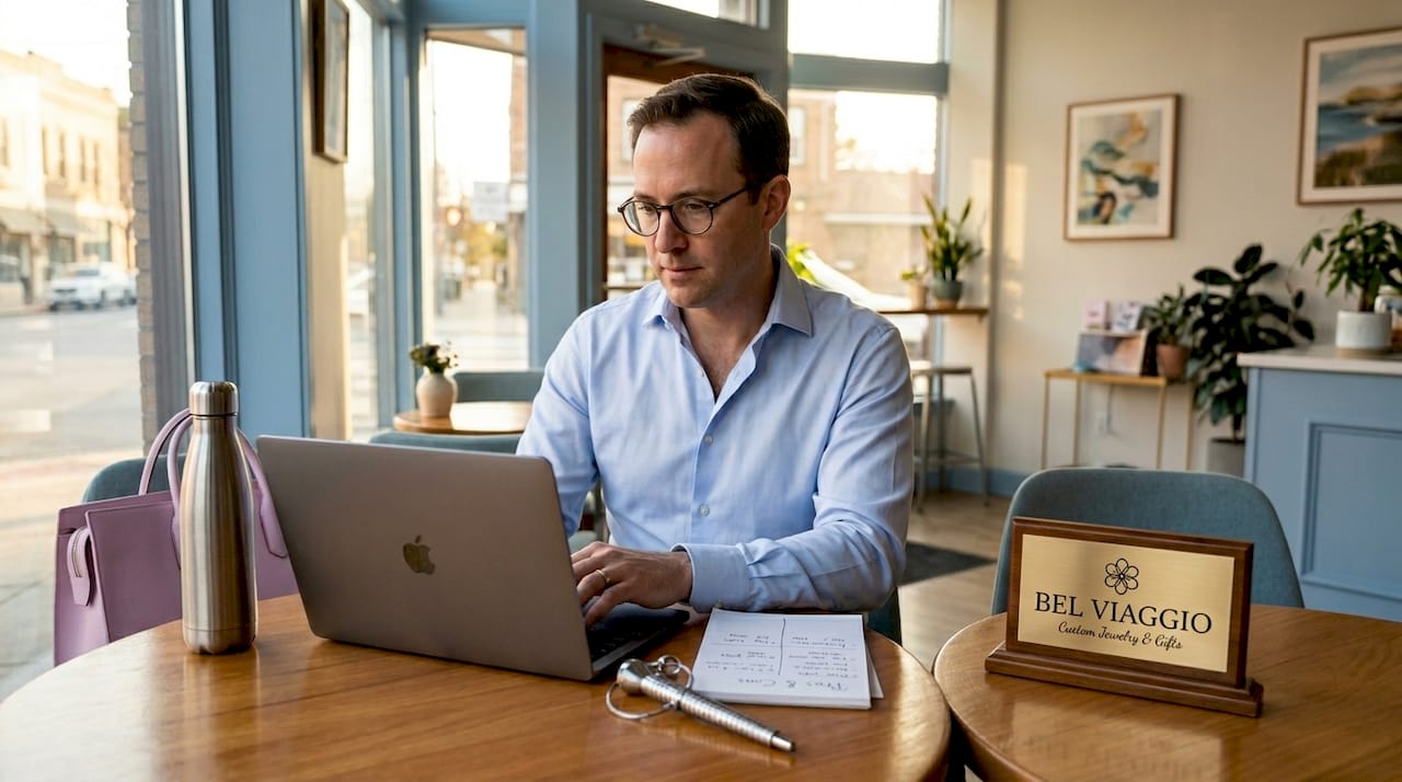 Man comparing diamond retailers at desk