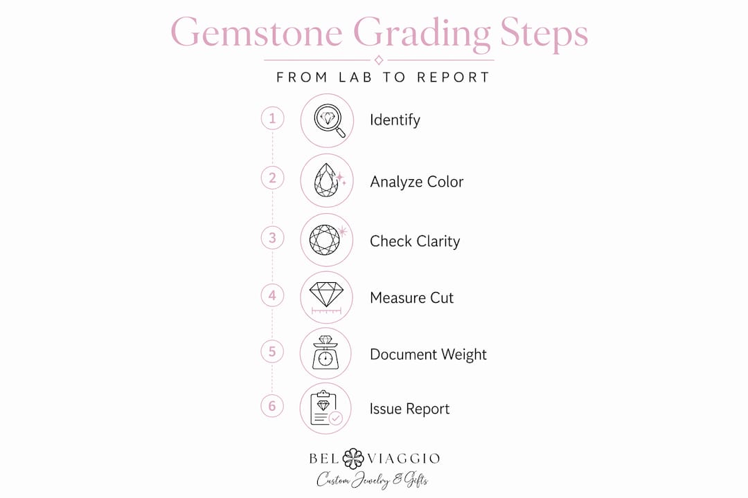Vertical steps of gemstone grading process infographic