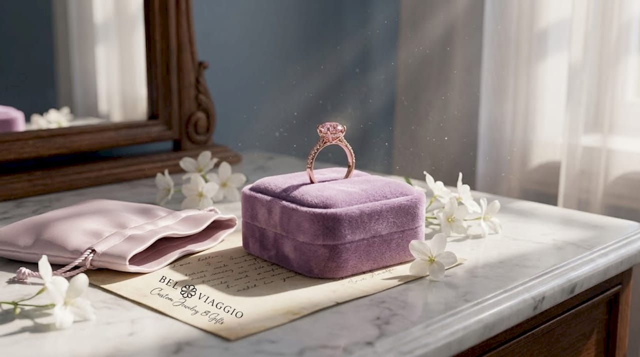 Pink diamond ring on rose velvet box