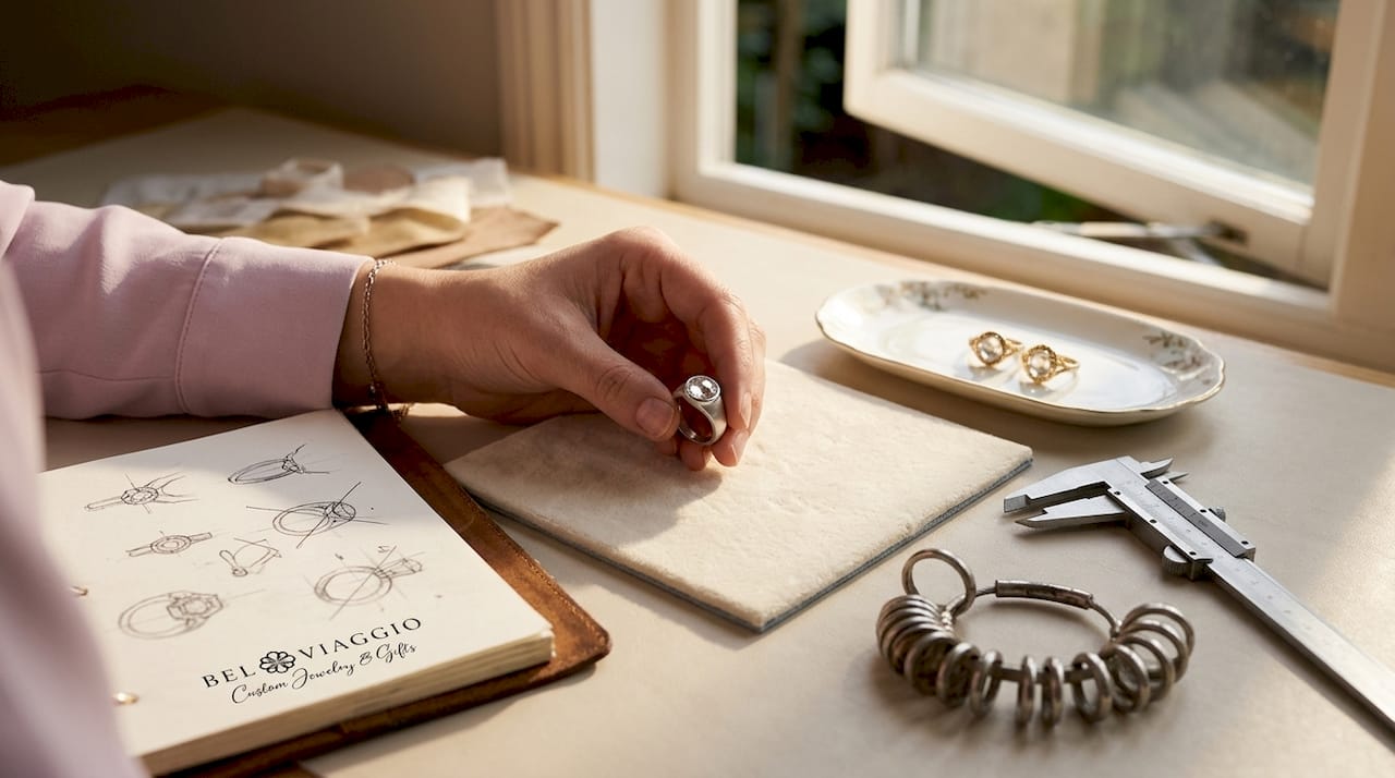 Hands comparing modern and vintage bezel rings