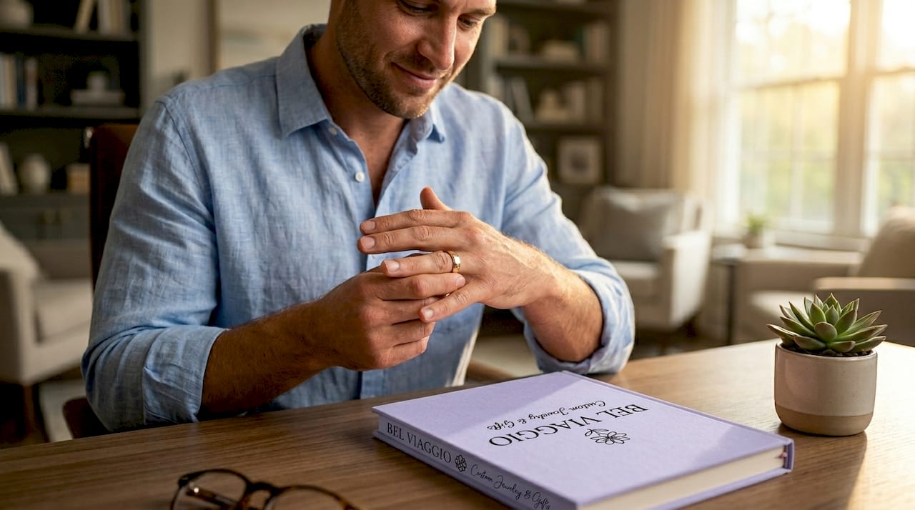 Man putting on personalized ring near apartment door